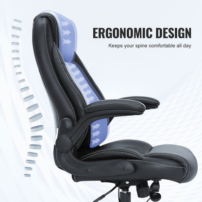 Executive Office Chair with Cutting-Edge Adjustable Lumbar Support, High Back PU Leather Office Chair Ergonomic for Back Pain, with Padded Flip-Up Arms