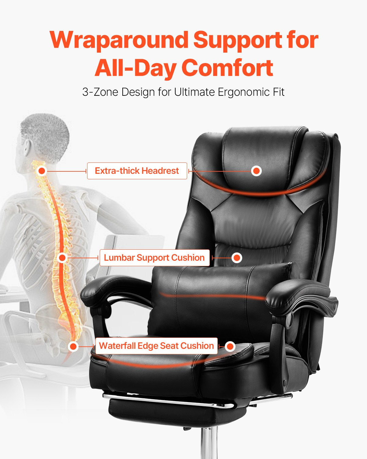 Executive Chair High Back Office Chair with Footrest Lumbar Cushion Black