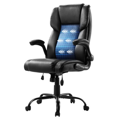 Executive Office Chair with Lumbar Support, 300lb Capacity Office Chair with Flip-up Armrests & Lumbar Pillow, Height Adjustable Ergonomic Chair, PU Leather Reclining Home Office Desk Chairs