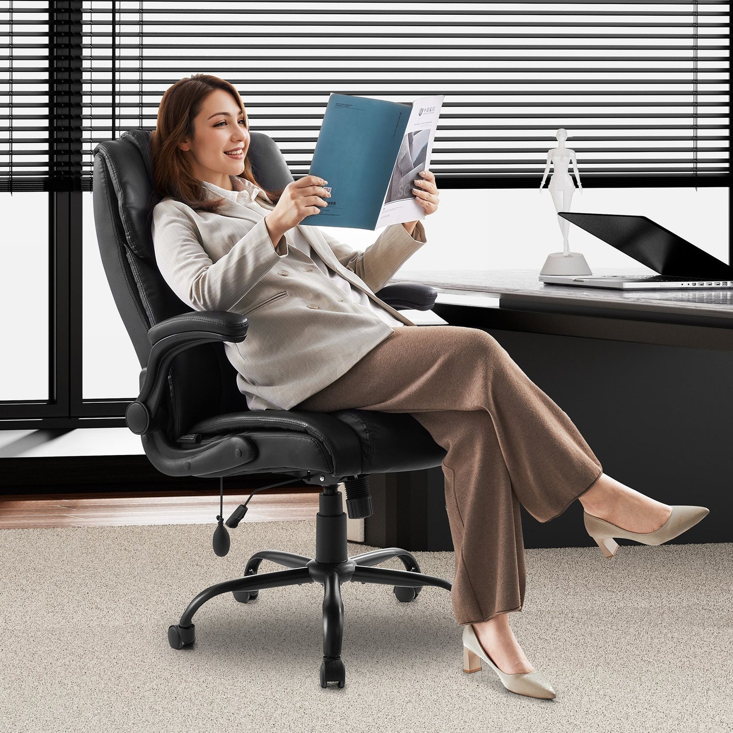 Executive Office Chair with Lumbar Support, 300lb Capacity Office Chair with Flip-up Armrests & Lumbar Pillow, Height Adjustable Ergonomic Chair, PU Leather Reclining Home Office Desk Chairs