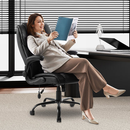 Executive Office Chair with Lumbar Support, 300lb Capacity Office Chair with Flip-up Armrests & Lumbar Pillow, Height Adjustable Ergonomic Chair, PU Leather Reclining Home Office Desk Chairs