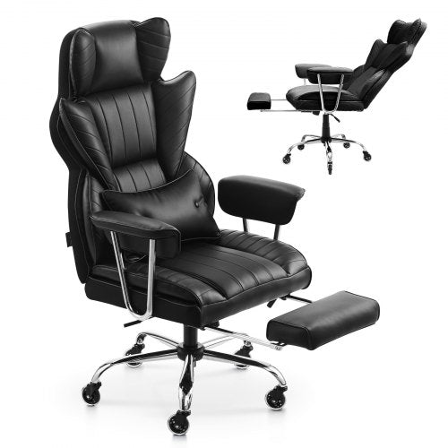 Executive Office Chair with Footrest, 400lb Capacity Office Chair with Lumbar Pillow & Removable Armrests, Heavy Duty Ergonomic Chair, PU Leather Reclining Home Office Desk Chairs, Black