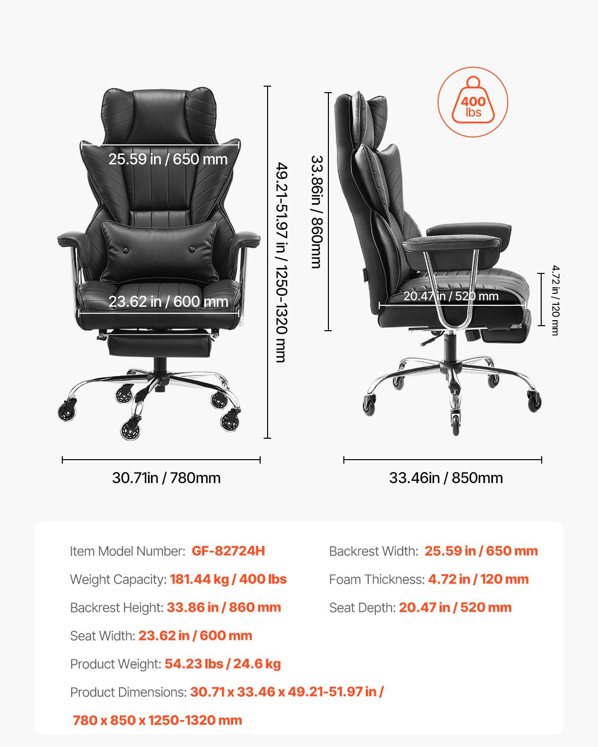 Executive Office Chair High Back Chair Footrest &amp; Removable Armrests Black