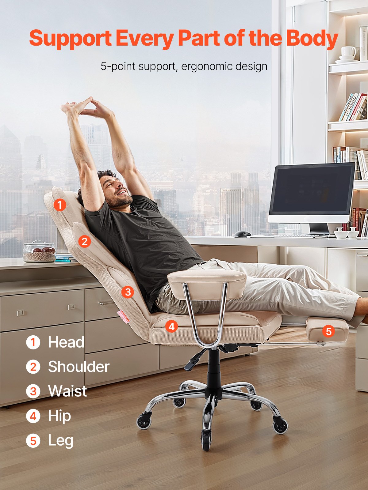 Executive Office Chair with Footrest, 400lb Capacity Office Chair with Lumbar Pillow & Removable Armrests, Heavy Duty Ergonomic Chair, PU Leather Reclining Home Office Desk Chairs, Brown