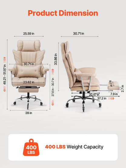 Executive Office Chair with Footrest, 400lb Capacity Office Chair with Lumbar Pillow & Removable Armrests, Heavy Duty Ergonomic Chair, PU Leather Reclining Home Office Desk Chairs, Brown