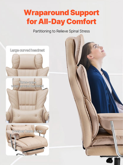 Executive Office Chair with Footrest, 400lb Capacity Office Chair with Lumbar Pillow & Removable Armrests, Heavy Duty Ergonomic Chair, PU Leather Reclining Home Office Desk Chairs, Brown