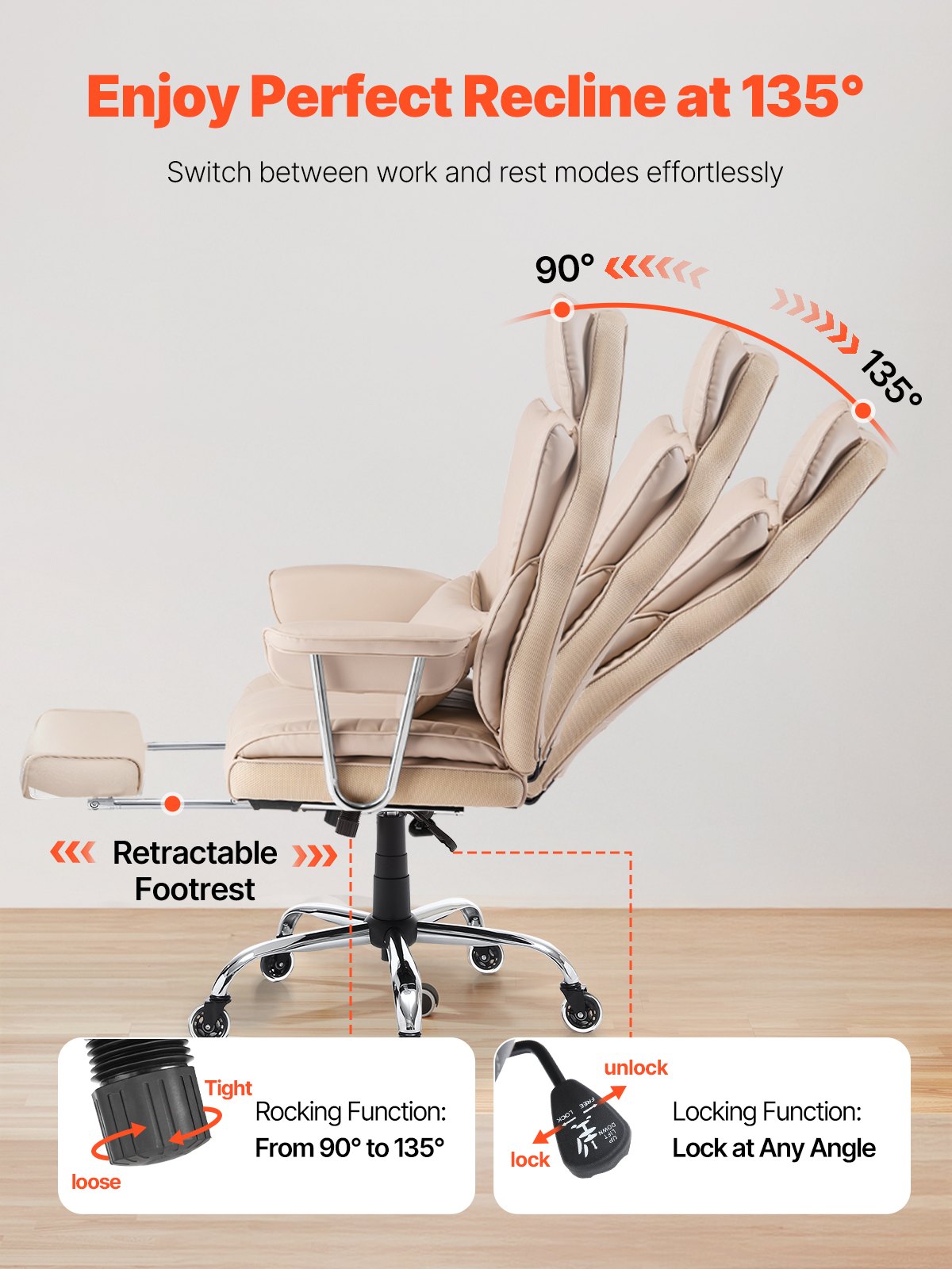 Executive Office Chair with Footrest, 400lb Capacity Office Chair with Lumbar Pillow & Removable Armrests, Heavy Duty Ergonomic Chair, PU Leather Reclining Home Office Desk Chairs, Brown