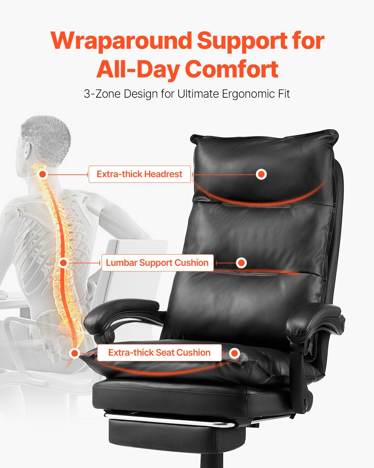 Executive Office Chair High Back Chair with Footrest Lumbar Cushion Black