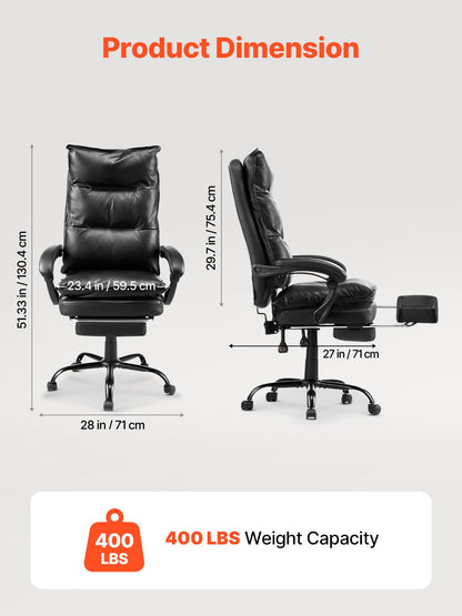 Executive Office Chair with Footrest, 400lb Capacity Office Chair with Lumbar Pillow, Heavy Duty Ergonomic Chair, Height Adjustable PU Leather Reclining Home Office Desk Chairs