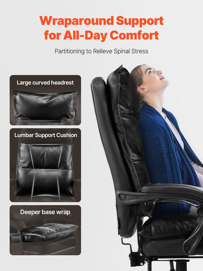 Executive Office Chair with Footrest, 400lb Capacity Office Chair with Lumbar Pillow, Heavy Duty Ergonomic Chair, Height Adjustable PU Leather Reclining Home Office Desk Chairs