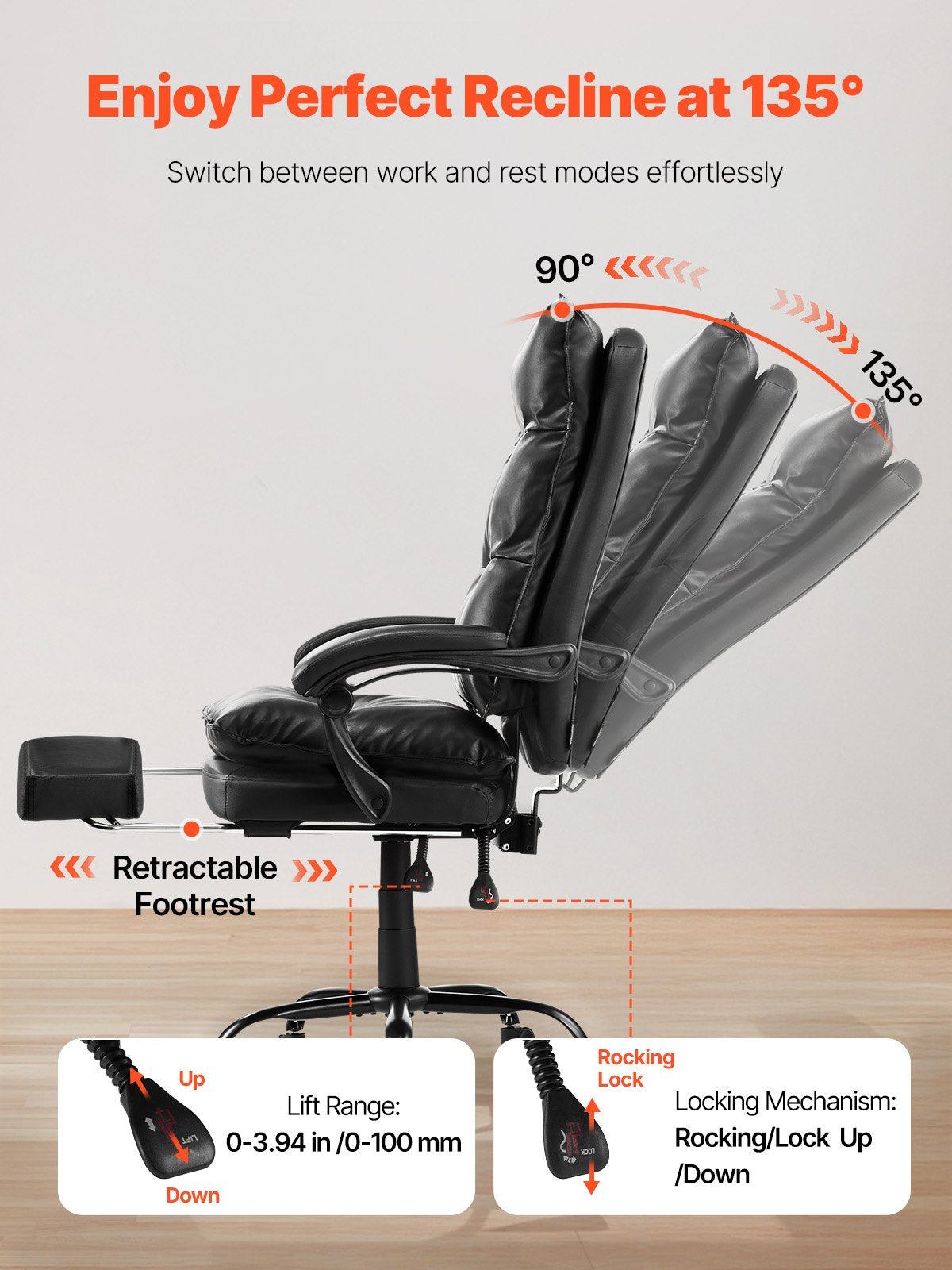 Executive Office Chair with Footrest, 400lb Capacity Office Chair with Lumbar Pillow, Heavy Duty Ergonomic Chair, Height Adjustable PU Leather Reclining Home Office Desk Chairs