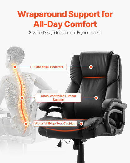 Executive Chair High Back Office Chair Knob-Control Lumbar Support Black