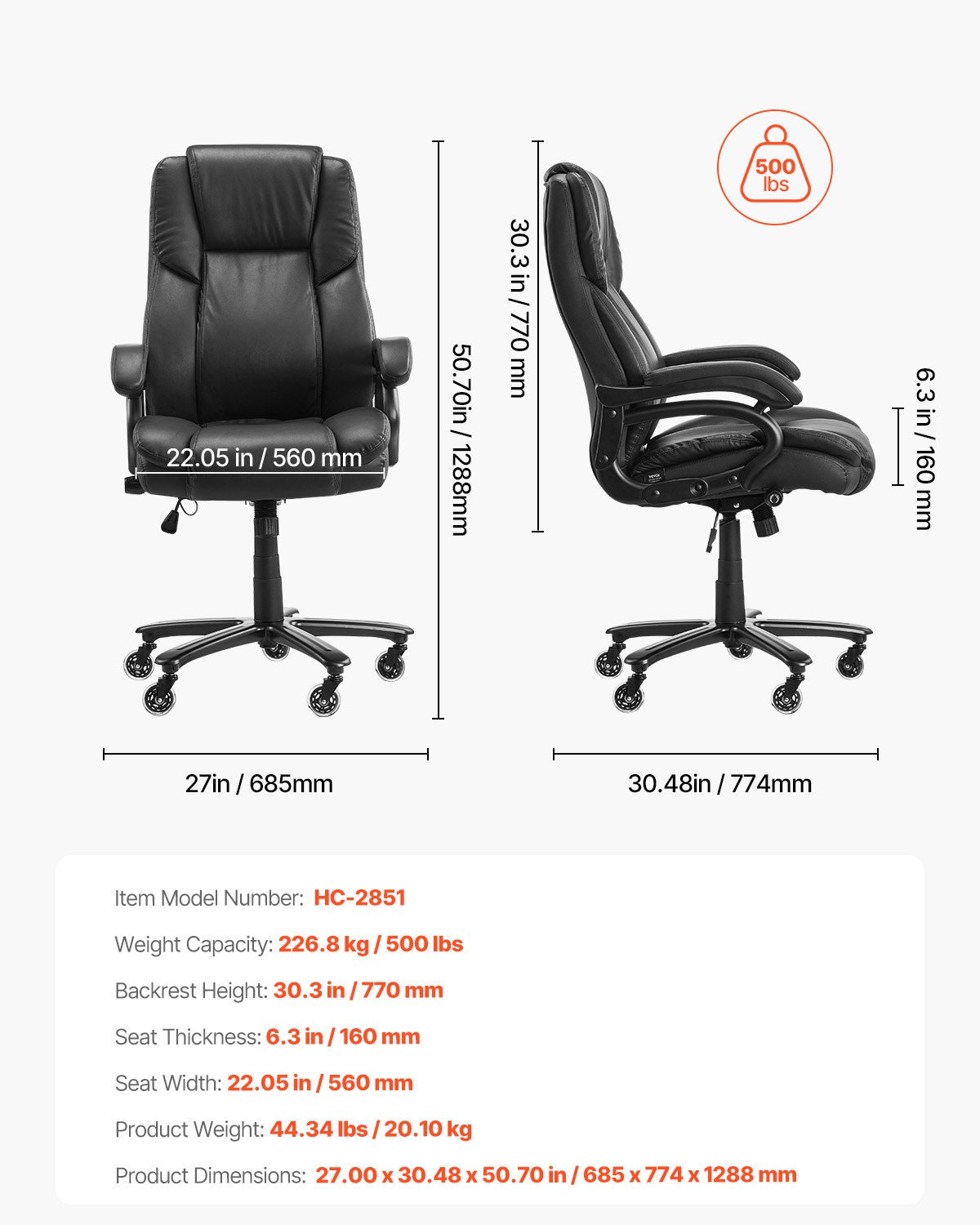 Executive Chair High Back Office Chair Knob-Control Lumbar Support Black