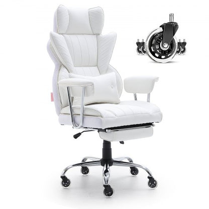 Reclining Office Chair with Footrest, Heavy Duty PU Leather Wide Office Chair, Big and Tall Executive Office Chairs with Lumbar Support, Strong Metal Base Quiet Wheels, White