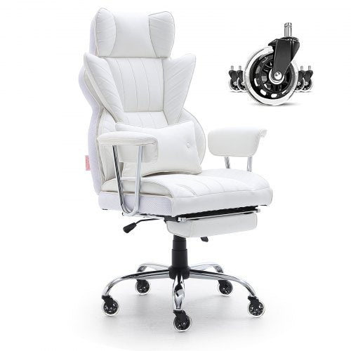 Reclining Office Chair with Footrest, Heavy Duty PU Leather Wide Office Chair, Big and Tall Executive Office Chairs with Lumbar Support, Strong Metal Base Quiet Wheels, White