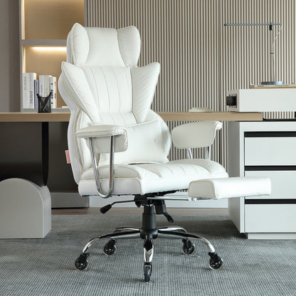 Reclining Office Chair with Footrest, Heavy Duty PU Leather Wide Office Chair, Big and Tall Executive Office Chairs with Lumbar Support, Strong Metal Base Quiet Wheels, White