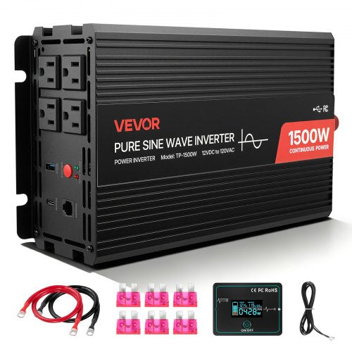 1500W Power Inverter, 12V DC to 120V AC Pure Sine Wave Inverter, Car Charger Converter with Remote Control, USB & Type-C Ports, 4 AC Outlets, Fast-charging for RV, Truck Outdoor Camping