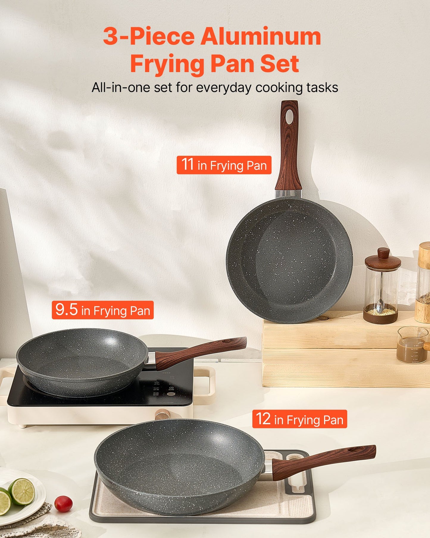 Frying Pan Skillet, Aluminum Egg Fry Pans, 3 Piece Set (9.5, 11, 12 in), Nonsitck Heavy-Duty Skillets with Heat-Resistant Handle, Chef's Kitchen Cookware, for Gas, Electric, Induction, Grey