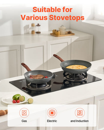 Frying Pan Skillet, Aluminum Egg Fry Pans, 3 Piece Set (9.5, 11, 12 in), Nonsitck Heavy-Duty Skillets with Heat-Resistant Handle, Chef's Kitchen Cookware, for Gas, Electric, Induction, Grey