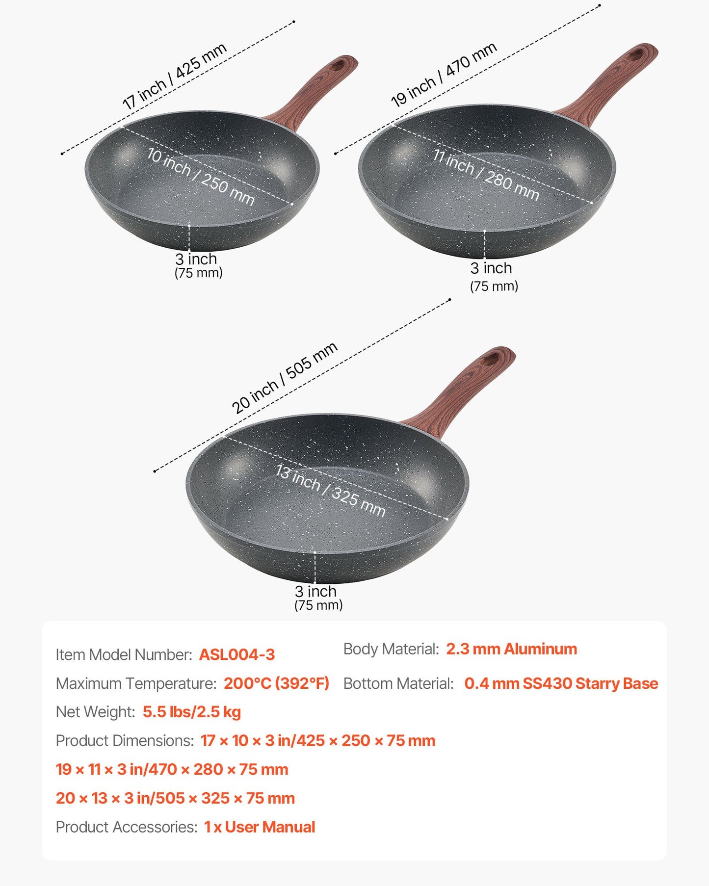 Frying Pan Skillet, Aluminum Egg Fry Pans, 3 Piece Set (9.5, 11, 12 in), Nonsitck Heavy-Duty Skillets with Heat-Resistant Handle, Chef's Kitchen Cookware, for Gas, Electric, Induction, Grey