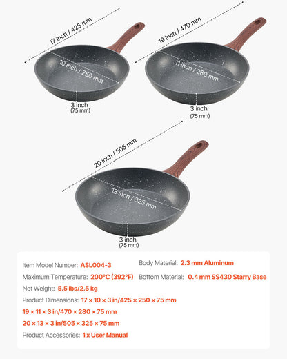 Frying Pan Skillet, Aluminum Egg Fry Pans, 3 Piece Set (9.5, 11, 12 in), Nonsitck Heavy-Duty Skillets with Heat-Resistant Handle, Chef's Kitchen Cookware, for Gas, Electric, Induction, Grey