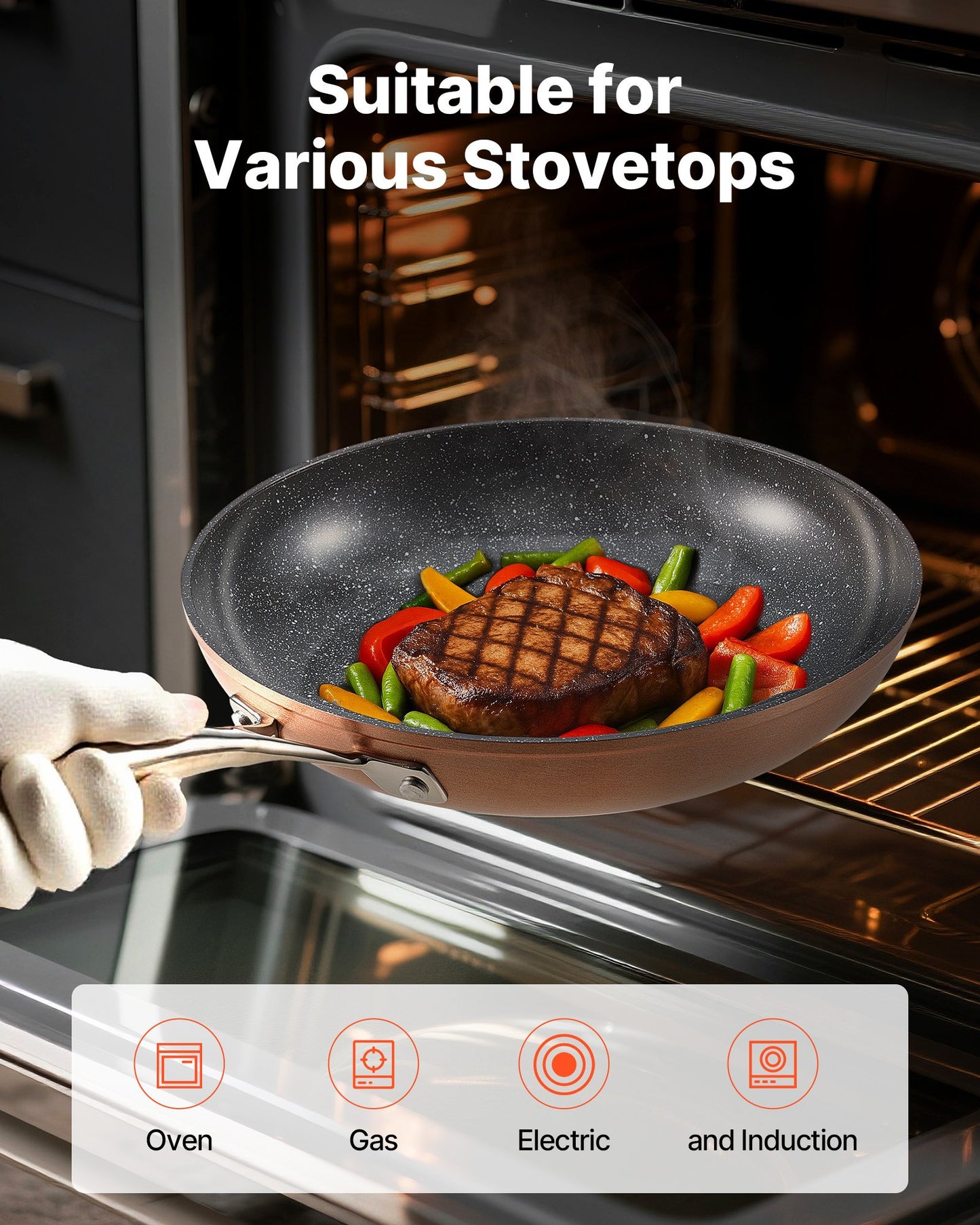 Frying Pan Skillet, Aluminum Egg Fry Pans, 3 Piece (8, 10, 12 in), Nonsitck Ceramic Heavy-Duty Skillets with Heat-Resistant Handle, Chef's Cookware, for Oven, Gas, Electric, Induction, Grey