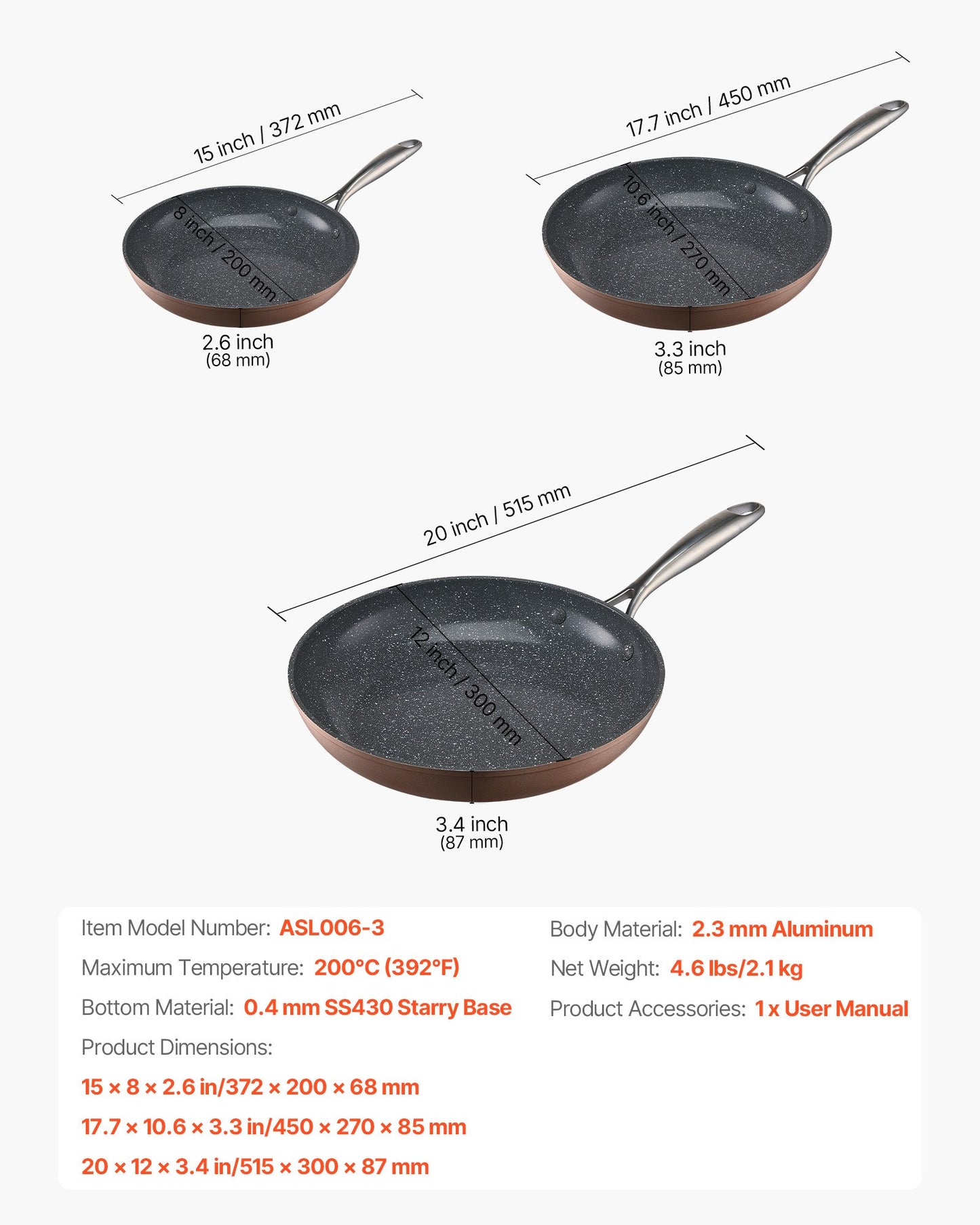 Frying Pan Skillet, Aluminum Egg Fry Pans, 3 Piece (8, 10, 12 in), Nonsitck Ceramic Heavy-Duty Skillets with Heat-Resistant Handle, Chef's Cookware, for Oven, Gas, Electric, Induction, Grey