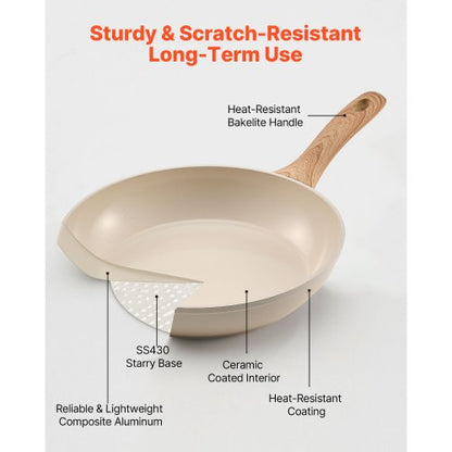 3-teiliges Aluminium-Bratpfannen-Set mit 200, 240, 280 mm Griffen, beige eingebrannt