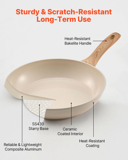 Frying Pan Skillet, Aluminum Egg Fry Pans, 3 Piece (8, 9.5, 11 in), Nonsitck Ceramic Heavy-Duty Skillets with Heat-Resistant Handle, Chef's Kitchen Cookware for Gas, Electric, Induction, Beige