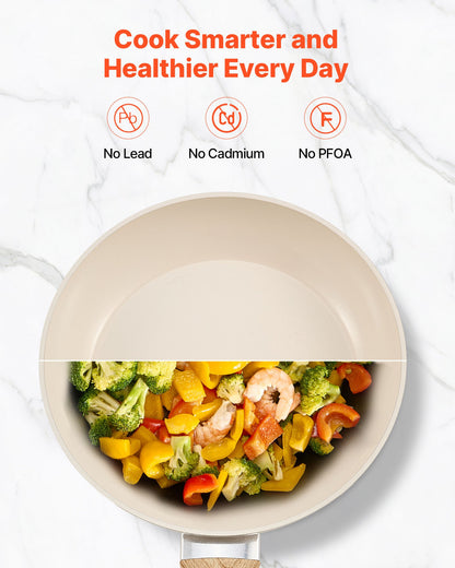 Frying Pan Skillet, Aluminum Egg Fry Pans, 3 Piece (8, 9.5, 11 in), Nonsitck Ceramic Heavy-Duty Skillets with Heat-Resistant Handle, Chef's Kitchen Cookware for Gas, Electric, Induction, Beige