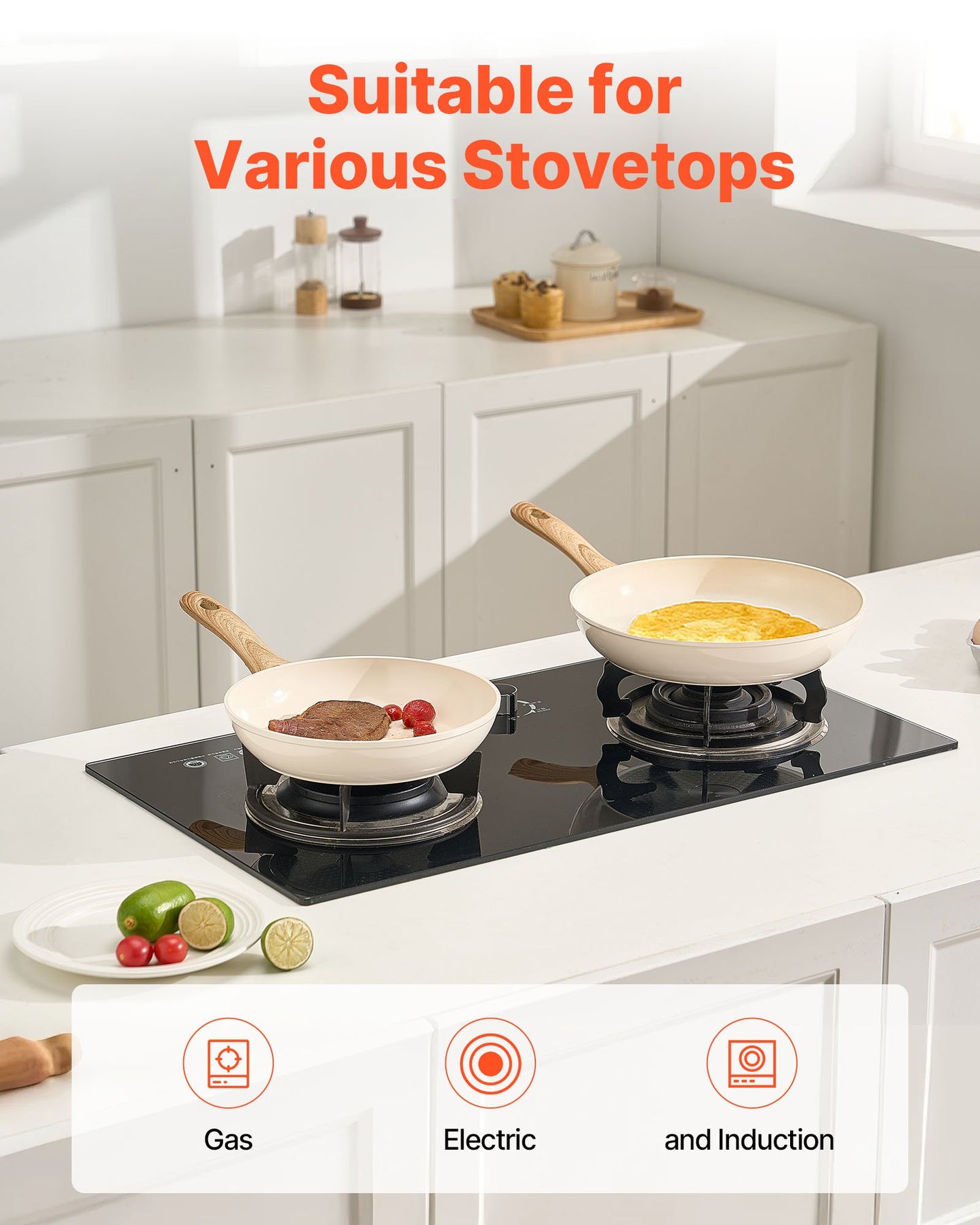 Frying Pan Skillet, Aluminum Egg Fry Pans, 3 Piece (8, 9.5, 11 in), Nonsitck Ceramic Heavy-Duty Skillets with Heat-Resistant Handle, Chef's Kitchen Cookware for Gas, Electric, Induction, Beige