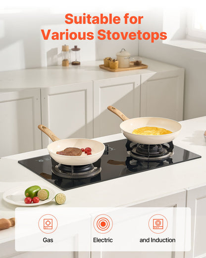 Frying Pan Skillet, Aluminum Egg Fry Pans, 3 Piece (8, 9.5, 11 in), Nonsitck Ceramic Heavy-Duty Skillets with Heat-Resistant Handle, Chef's Kitchen Cookware for Gas, Electric, Induction, Beige