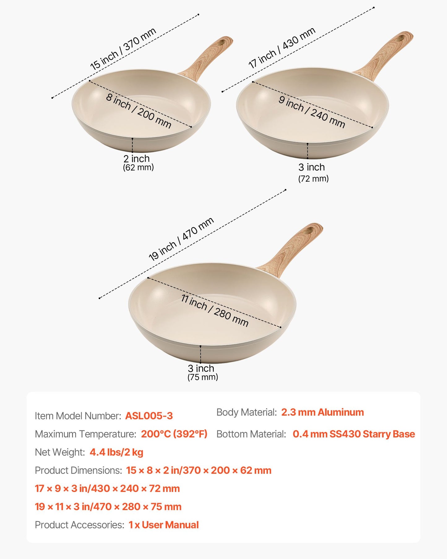 Frying Pan Skillet, Aluminum Egg Fry Pans, 3 Piece (8, 9.5, 11 in), Nonsitck Ceramic Heavy-Duty Skillets with Heat-Resistant Handle, Chef's Kitchen Cookware for Gas, Electric, Induction, Beige