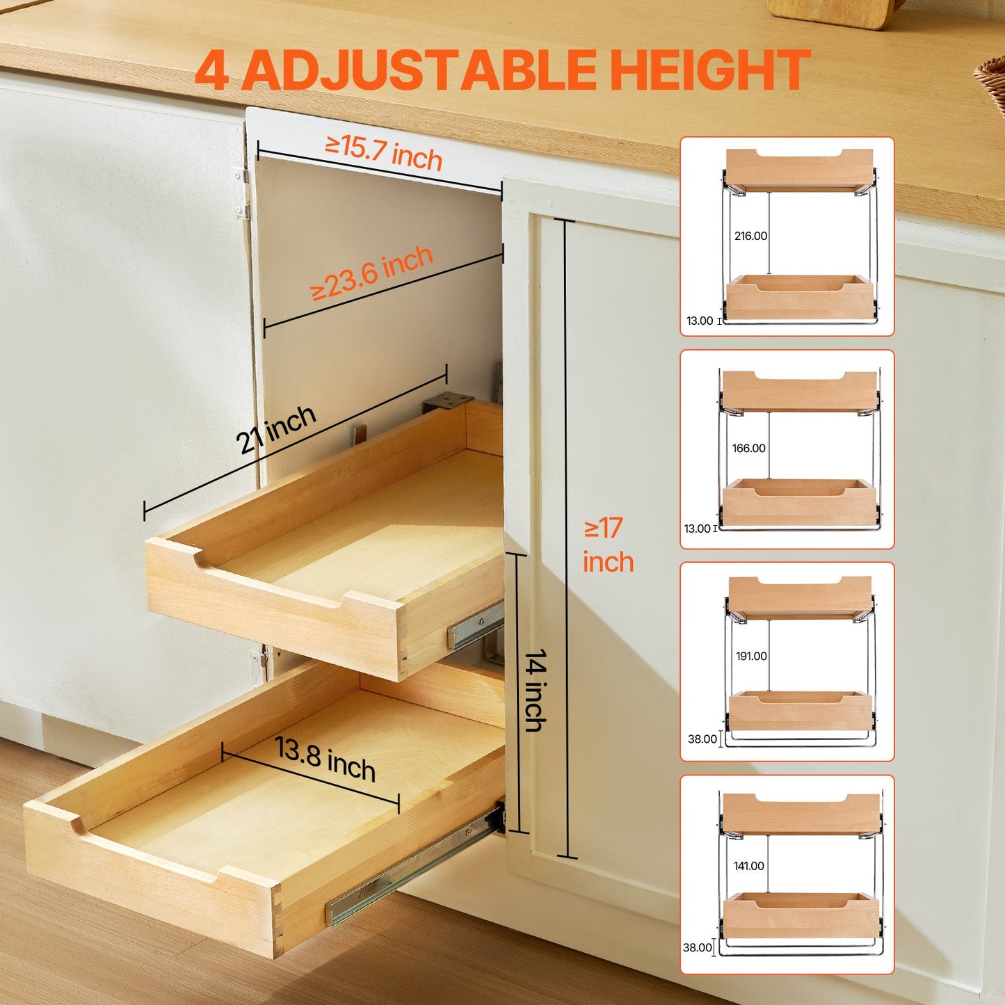 Ausziehbarer Schrank-Organizer mit 2 Ebenen, sanft schließende ausziehbare Holzschublade, 35,6 cm B x 53,3 cm T