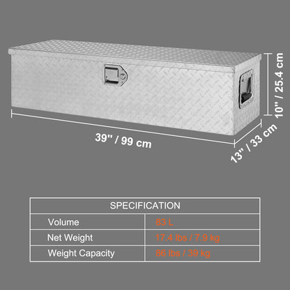 Heavy Duty Aluminum Truck Bed Tool Box, Diamond Plate Tool Box with Side Handle and Lock Keys, Storage Tool Box Chest Box Organizer for Pickup, Truck Bed, RV, Trailer, 39"x13"x10", Silver