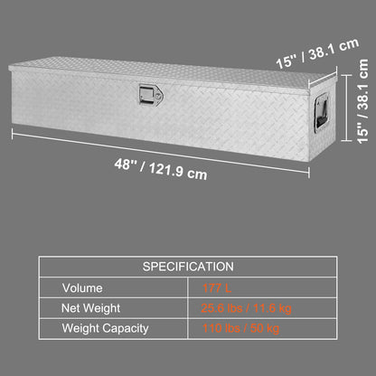Heavy Duty Aluminum Truck Bed Tool Box, Diamond Plate Tool Box with Side Handle and Lock Keys, Storage Tool Box Chest Box Organizer for Pickup, Truck Bed, RV, Trailer, 48"x15"x15", Silver