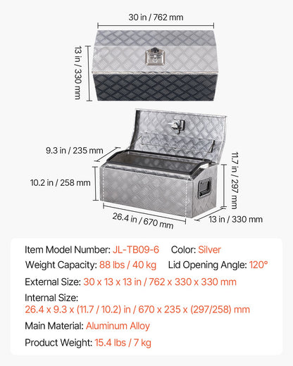 Heavy Duty Aluminum Truck Bed Tool Box, Stripes Plated Tool Box with Side Handle and T-Lock Keys, Storage Toolbox Chest Organizer for Trailer, Pickup, Truck Bed, RV, 30"x13"x13", Silver