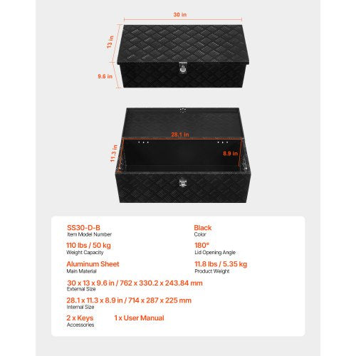 Heavy duty aluminum tool box for truck bed, black, 76 x 33 x 23 cm