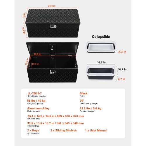 Robuster Aluminium-Werkzeugkasten für die Ladefläche, schwarz, 89 x 33 x 33 cm