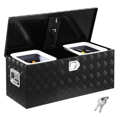 Heavy Duty Aluminum Truck Bed Tool Box, Stripes Plated Tool Box with Sliding Shelf, Side Handle, Lock & Keys, Storage Toolbox Chest for Trailer, Pickup, Truck Bed, RV, 35.4"x14.6"x14.6", Black