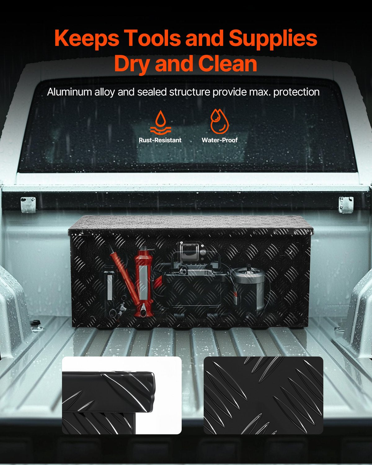 Heavy Duty Aluminum Truck Bed Tool Box, Stripes Plated Tool Box with Sliding Shelf, Side Handle, Lock & Keys, Storage Toolbox Chest for Trailer, Pickup, Truck Bed, RV, 35.4"x14.6"x14.6", Black