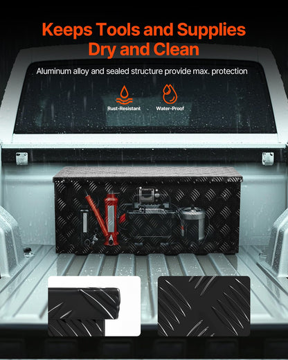 Heavy Duty Aluminum Truck Bed Tool Box, Stripes Plated Tool Box with Sliding Shelf, Side Handle, Lock & Keys, Storage Toolbox Chest for Trailer, Pickup, Truck Bed, RV, 35.4"x14.6"x14.6", Black