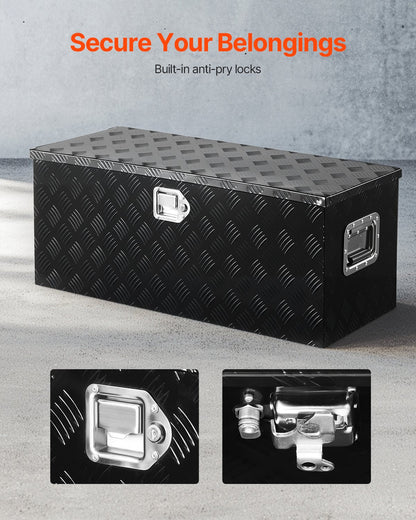Heavy Duty Aluminum Truck Bed Tool Box, Stripes Plated Tool Box with Sliding Shelf, Side Handle, Lock & Keys, Storage Toolbox Chest for Trailer, Pickup, Truck Bed, RV, 35.4"x14.6"x14.6", Black
