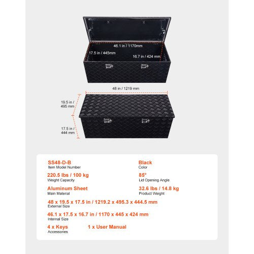 112 cm x 43 cm x 43 cm Hochleistungs-Werkzeugkasten aus Aluminium für die Ladefläche, schwarz