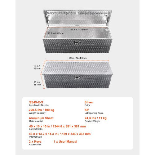 112 cm x 33 cm x 33 cm Robust aluminum tool box for truck bed, pickup/motorhome, silver