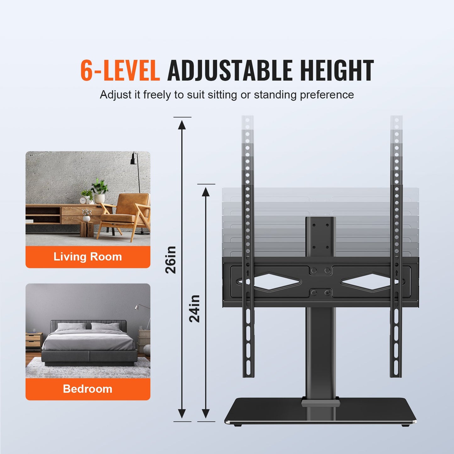 TV Stand Mount, Swivel Universal TV Stand for 32 to 55 inch TVs, Height Adjustable Portable Floor TV Stand with Tempered Glass Base for Bedroom, Living Room