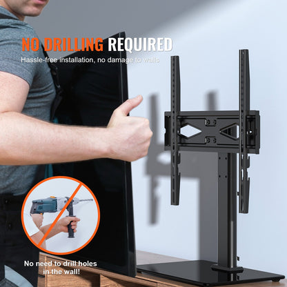 TV Stand Mount, Swivel Universal TV Stand for 32 to 55 inch TVs, Height Adjustable Portable Floor TV Stand with Tempered Glass Base for Bedroom, Living Room