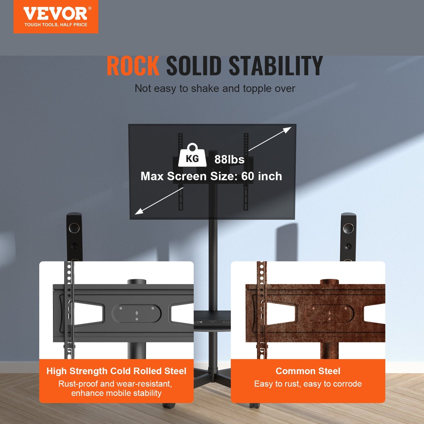 Mobiler TV-Ständer, Mobiler TV-Wagen für 23 bis 60 Zoll Fernseher, Höhenverstellbarer Tragbarer TV-Ständer Mit Rädern, Mit Einer Ablage Für Audiovisuelle Geräte, Rollende TV-Bank Mit Halterung Für Schlafzimmer, Wohnzimmer