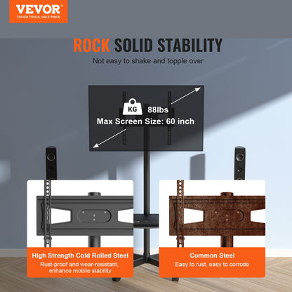 Mobiler TV-Ständer, Mobiler TV-Wagen für 23 bis 60 Zoll Fernseher, Höhenverstellbarer Tragbarer TV-Ständer Mit Rädern, Mit Einer Ablage Für Audiovisuelle Geräte, Rollende TV-Bank Mit Halterung Für Schlafzimmer, Wohnzimmer