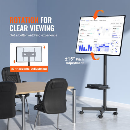 Mobiler TV-Ständer, Mobiler TV-Wagen für 23 bis 60 Zoll Fernseher, Höhenverstellbarer Tragbarer TV-Ständer Mit Rädern, Mit Einer Ablage Für Audiovisuelle Geräte, Rollende TV-Bank Mit Halterung Für Schlafzimmer, Wohnzimmer